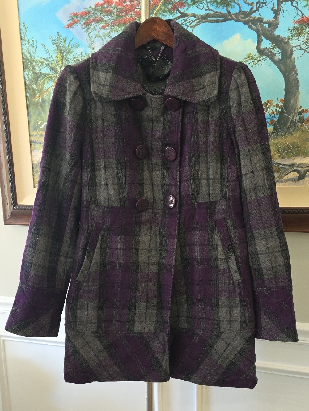 Guess Purple & Gray Plaid Wool-Blend Peacoat
